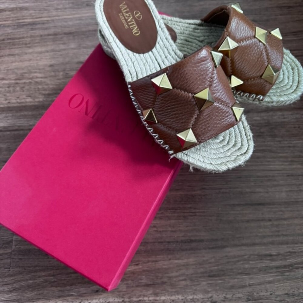 Valentino Brown Leather Roman Stud Flat Slides